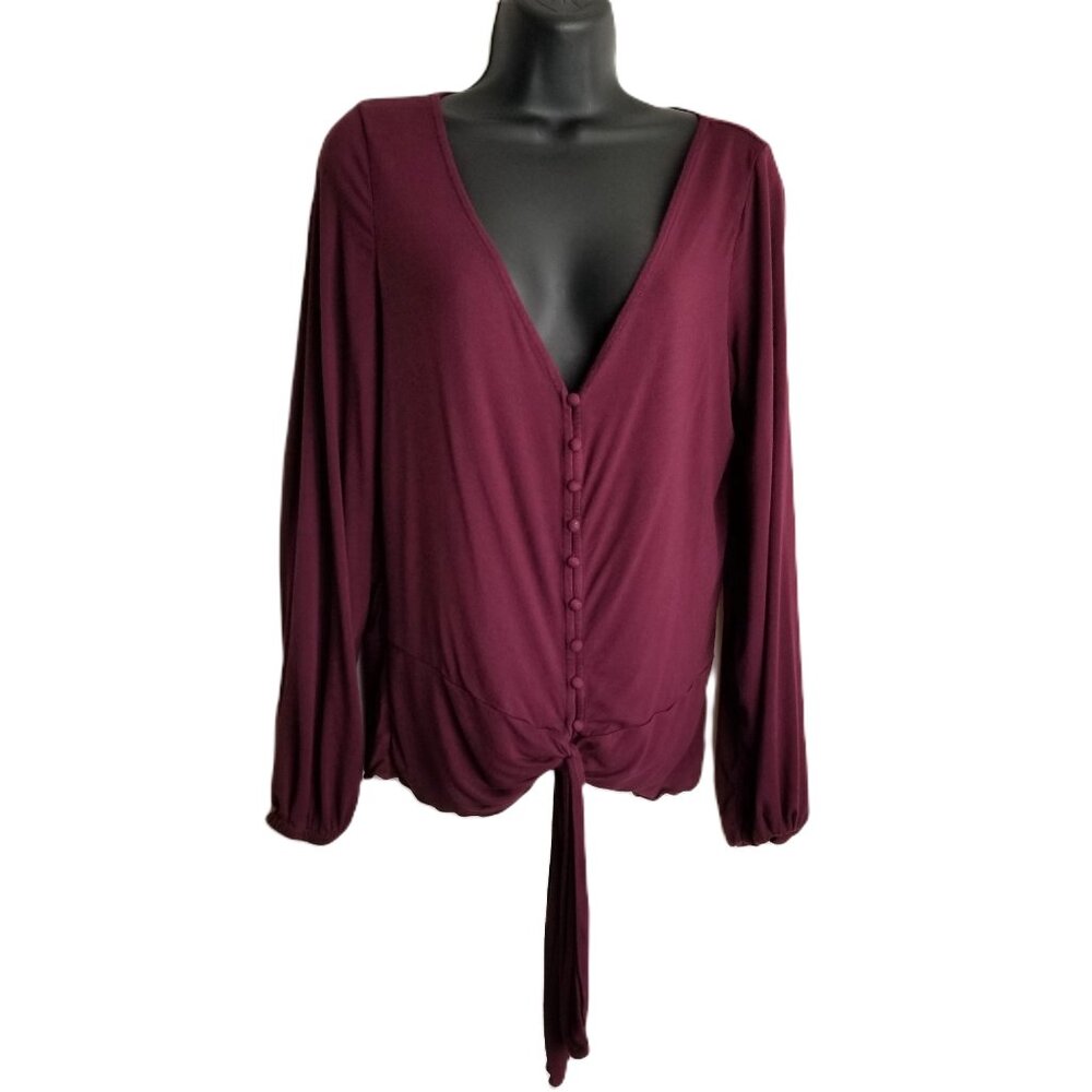 Venus Button Front Tie Hem Blouse Size M Burgundy Boho Chic Romantic Revival